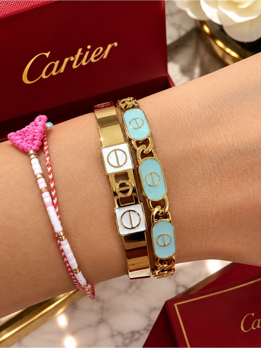 Cartier Gold Bracelet Duo with White and Light Blue Enamel also sold individuall